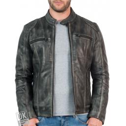 Mens Vintage Grey Leather Biker Jacket - Phoenix - Unzipped