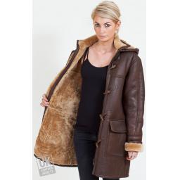 Women's Brown Sheepskin Duffle Coat - Dena - Plus Size - Lining