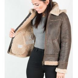 Womens Sheepskin Flying Jacket – Detach Hood – Lana - Antique - Lining