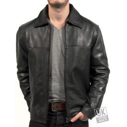 Men's Black Hide Leather Jacket - Classic Harrington - Front