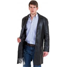 Men's 3/4 Length Black Leather Coat - Plus Size - Henley - Lining