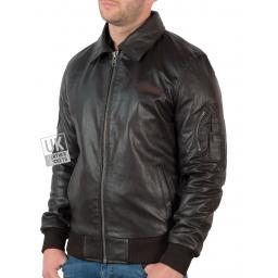 Mens Brown Leather Flying Jacket - Pilot - Detach Wool Fleece Collar - Leather Collar