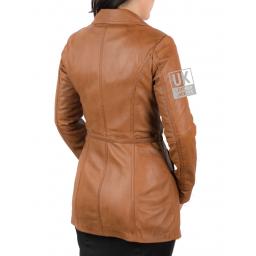 Womens Asymmetric Zip Tan Leather Coat – Hip Length – Eternity - Back