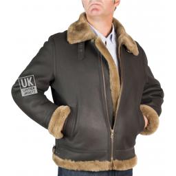Mens Finest Shearling Aviator Jacket - Semi-Matt Brown / Brown Wool - Zip Front