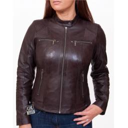 Womens Leather Biker Jacket - Jasmine - Brown - Zipped