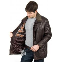 Men's Leather Coat in Brown Cow Hide - Plus Size - Hastings - Lining