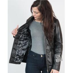 Womens Black Leather Jacket - Amelia - Hip Length - Lining