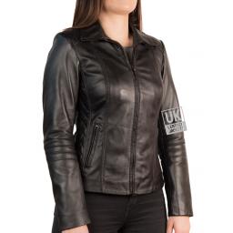 Women's Black Leather Jacket - Delta  - Front