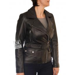 Womens Cross Zip Black Leather Jacket - Zoe - Front