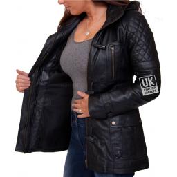 Womens Black Hip Length Leather Jacket with Detach Hood - Eclipse - Lining