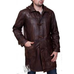 Men's Brown Leather Duffle Coat - Detach Hood - Avon - Front