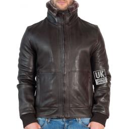 Mens Brown Leather Pilots Jacket - Detach Faux Fleece Collar - Zipped