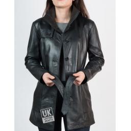 Womens 3/4 Length Black Leather Coat Jacket - Belt
