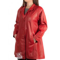 Women's Red Leather Swing Coat - Jewel - Buttoned