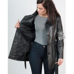 Womens 3/4 Length Black Leather Coat Jacket - Lining