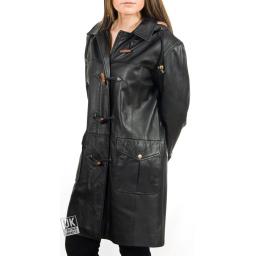 Women's Black Leather Duffle Coat - Detach Hood - Remy - Front