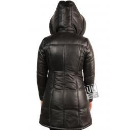 Womens Black Leather Quilted Coat - Aliciana - Detach Hood - Back
