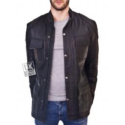 Mens Black Leather Hip Length Jacket - Forbes - Unzipped