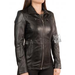 Womens Black Leather Jacket - Vienna - Hip Length - Front