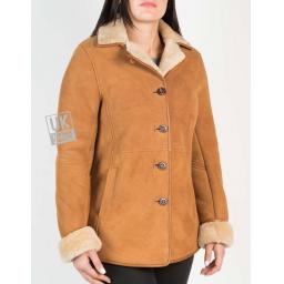 Womens Tan Shearling Sheepskin Jacket - Hip Length - Dana - Revered Collar Front