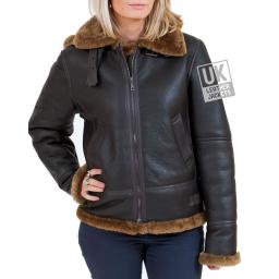 Women's Sheepskin Flying Jacket - Detach Hood - Brown - Front 2