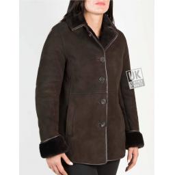 Womens Brown Shearling Sheepskin Jacket - Hip Length - Dana - Revered Collar
