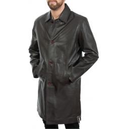 Men's Knee Length Brown Leather Coat - Saint - Front Buttoned