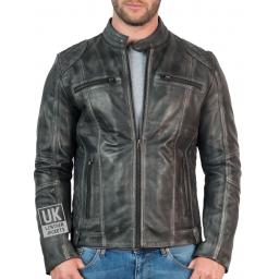 Mens Vintage Grey Leather Biker Jacket - Phoenix - Front