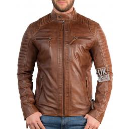Mens Vintage Tan Leather Biker Jacket - Cruz - Zipped