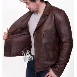 Men's Brown Cross Zip Leather Jacket - Lenox - Lining