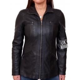 Womens Black Leather Jacket - Muse - Hip Length - Front