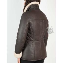 Womens Button Shearling Sheepskin Jacket - Hip Length - Nita - Back