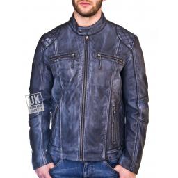 Men's Blue Leather Biker Jacket - Phoenix - Front 3