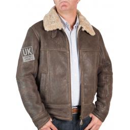 Mens Shearling Sheepskin Flying Jacket - Calgary - Antique Matt Brown - Front