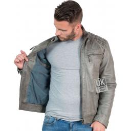 Men's Leather Jacket - Lancer - Vintage Grey - Lining