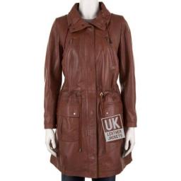 Women's Tan Leather Parka Coat - Hazel - Front