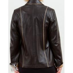 Women's Brown Leather Jacket - Cream Leather Trim - Rear