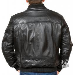 Men's Black Hooded Leather Bomber Jacket - Troy - Back no hood