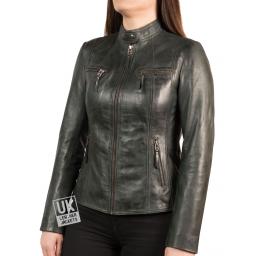 Women's Vintage Grey Leather Jacket - Leone - Front