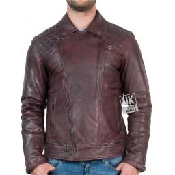 Mens Leather Biker Jacket - Hurricane - Burgundy - Zipped-up
