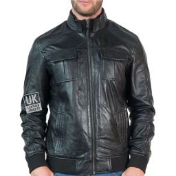 Mens Black Leather Bomber Jacket - Bronson - Zipped