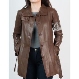 Womens 3/4 Length Brown Leather Coat Jacket - Front