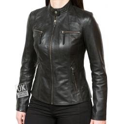 Women's Black Leather Biker Jacket - Leone - Front