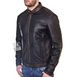 Mens Burnished Black Leather Jacket - Omega - Front