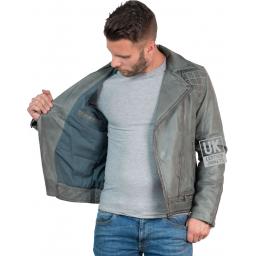Mens Leather Biker Jacket - Hurricane - Vintage Grey - LIning