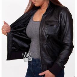 Women's Black Leather Bomber Jacket - Harper - Lining