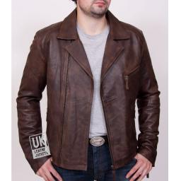 Men's Brown Cross Zip Leather Jacket - Lenox - Unzipped