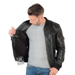 Men's Leather Bomber Jacket in Black - MA-1 - Lining