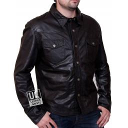 Men’s Brown Leather Shirt - Farrell - Regular Fit - Front