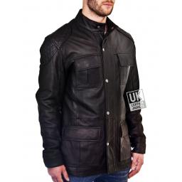 Mens Black Leather Hip Length Jacket - Forbes - Front